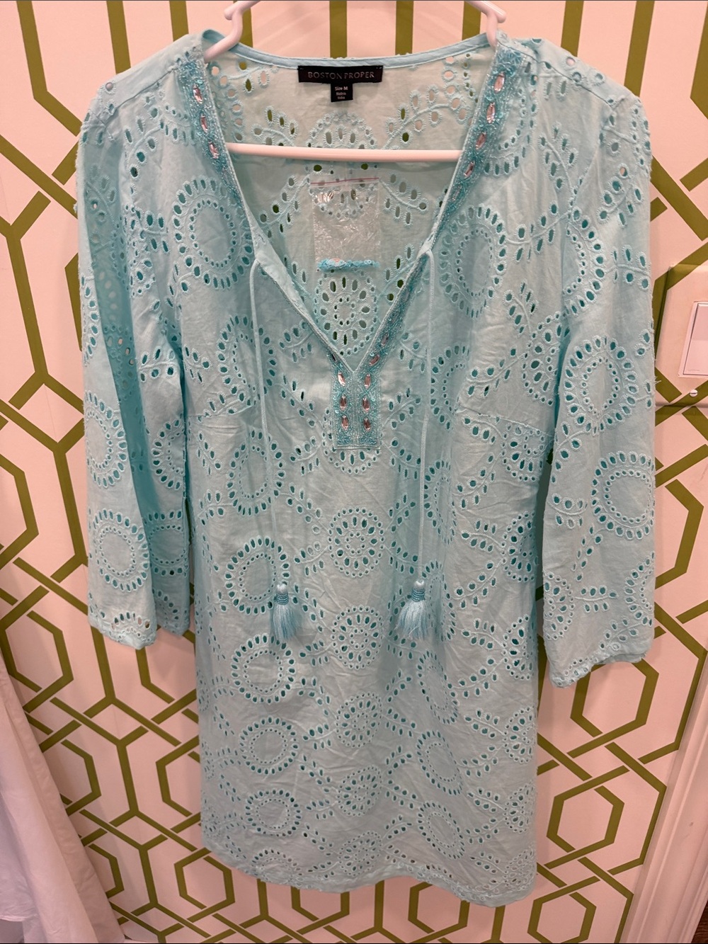 Boston Proper Light Aqua Eyelet V-Neck Tunic